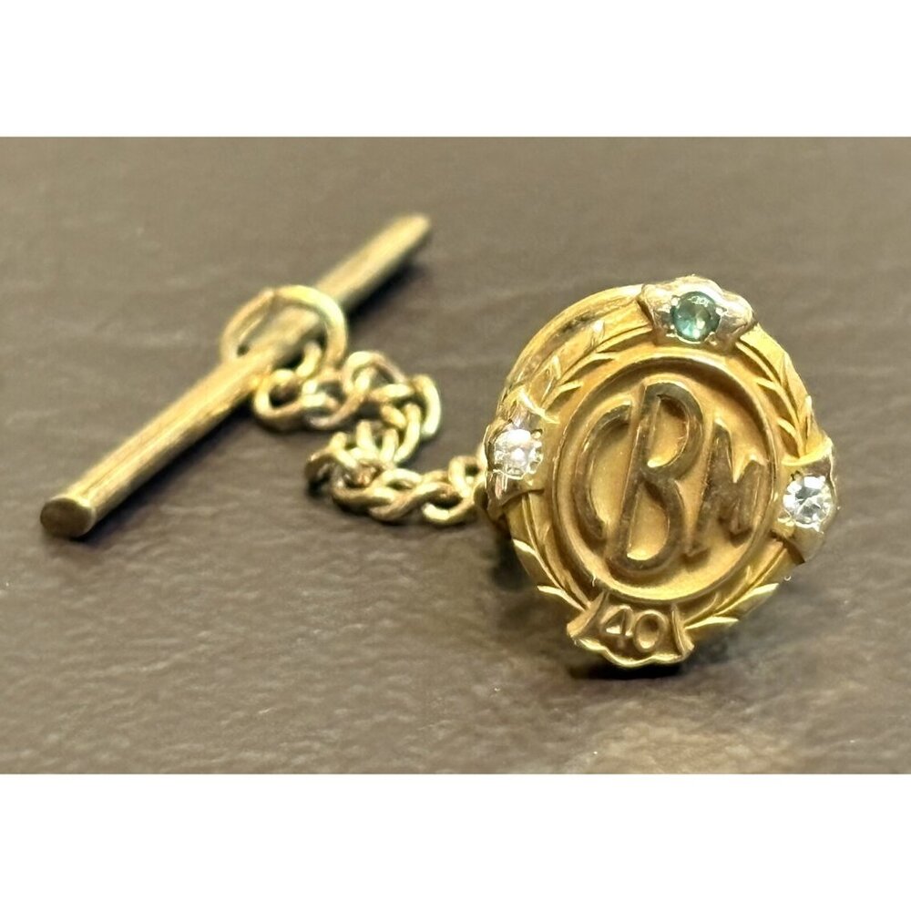 LGB 10k Solid Gold CBM Service Award Lapel Pin Diamonds Emerald ART DECO STYLE